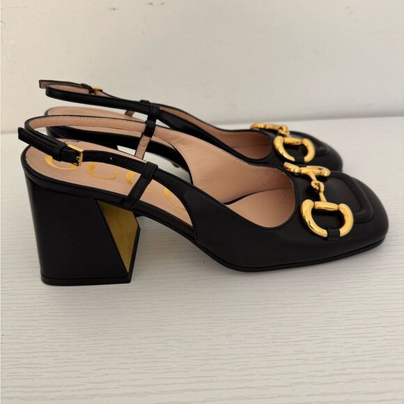 GUCCI Baby Horsebit Slingback Leather Pump Black Gold EU 36 Authentic Shoes